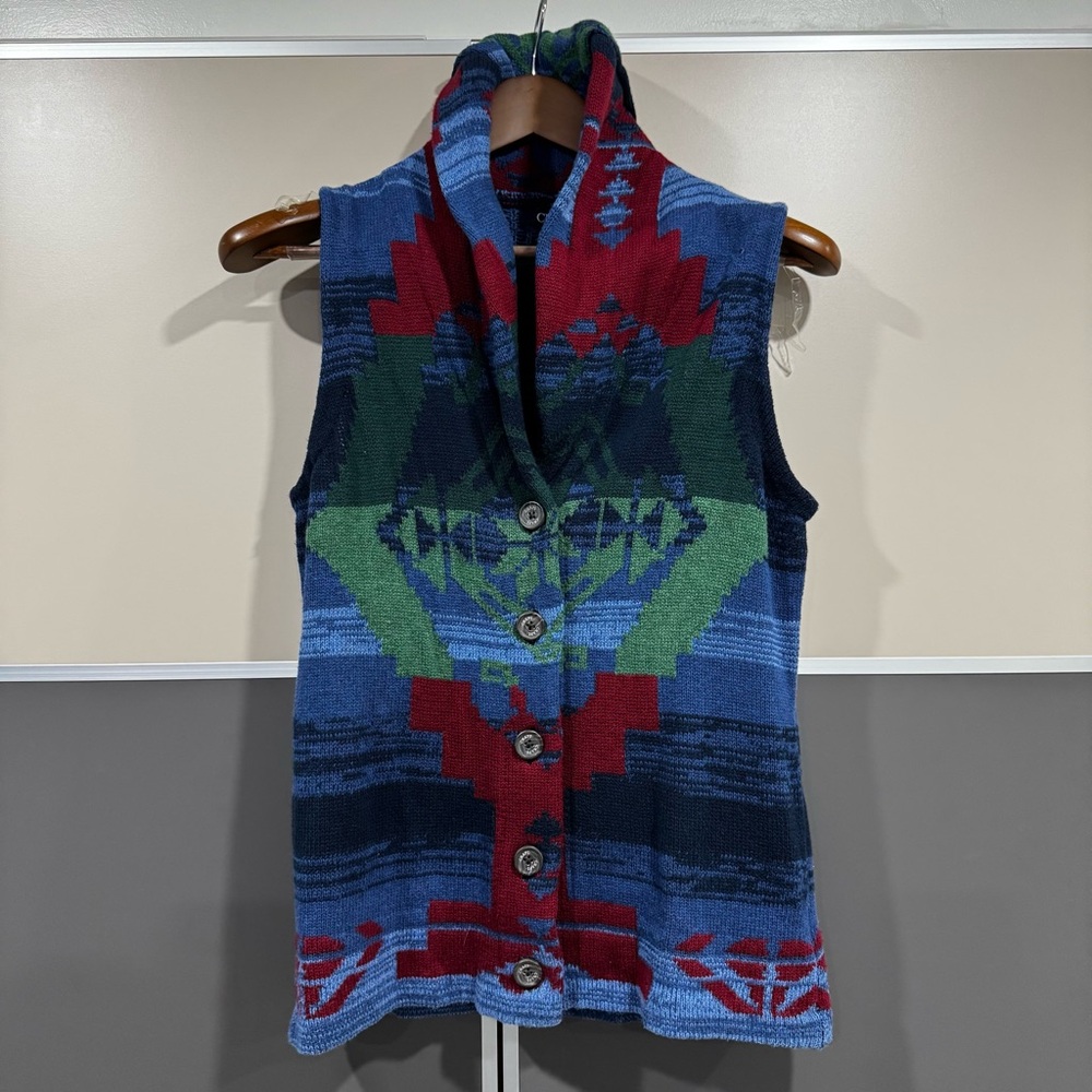 Chaps Denim Womens Vest Blue Southwestern Button Down Shawl Collar Sweater L